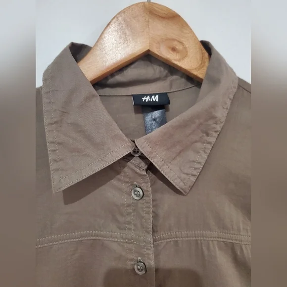 H&M dark khaki long button down tunic w roll up sleeve size 2 - Picture 2 of 6